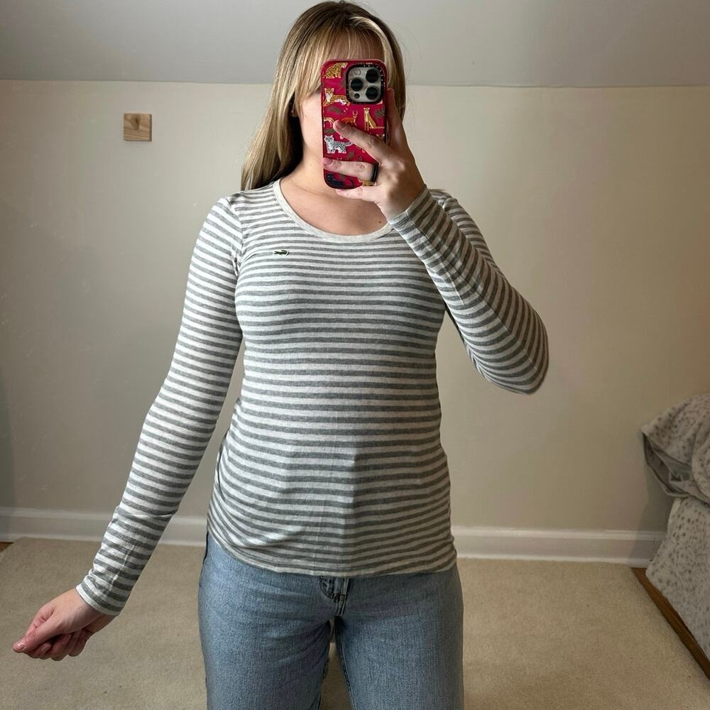 Lacoste: Gray and white Long Sleeve Tee